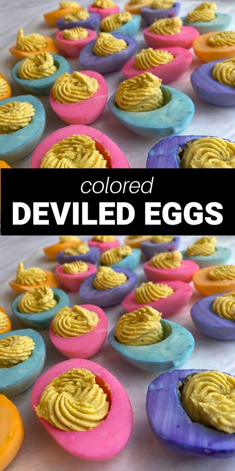 What To Eat With Deviled Eggs, Easter Egg Deviled Eggs, Purple Deviled Eggs, Colored Eggs Ideas, Deviled Easter Eggs, Easter Boiled Egg Ideas, Stuffed Eggs For Easter, Cute Easter Breakfast Ideas, Dyed Easter Egg Ideas