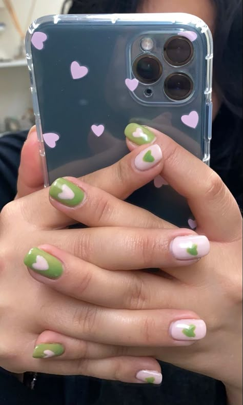 Green And Pink Valentines Nails, Spring Nails Pink And Green, Matcha Green Nail Design, Pink Nails With Green Tips, Nail Green And Pink, Cute Pink And Green Nails, Green And Pink Nails Ideas, Short Pink And Green Nails, Green Pink Gold Nails