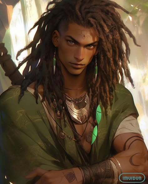 Black Elf Male, Black Druid, Fae Character Design Male, Character Design Black, Black Fae, Jungle Warriors, Black Samurai, Male Elf, Long Dreads