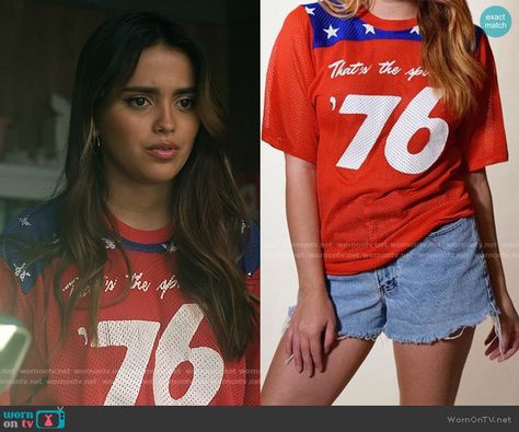 Noa’s red 76 top on Pretty Little Liars Original Sin. Outfit Details: https://wornontv.net/302608/ Pll Original Sin Outfits, Pretty Little Liars Original Sin, Pretty Little Liars Outfits, Pll Outfits, Pretty Little Liars Fashion, Red Outfits, Tv Fashion, Funky Outfits, Fashion Tv