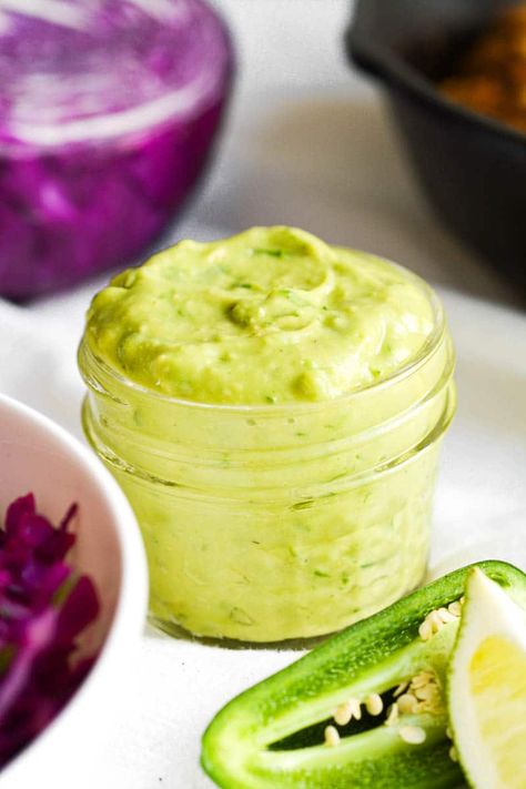 Avocado Jalapeno Crema, Avocado Crema Recipe, Avacado Creme Fresh, Avocado Crema Tacos, Avocado Crema Vegan, Vegan Avocado Crema, Vegan Dressing Recipes, Iifym Recipes, Vegan Sauce Recipes