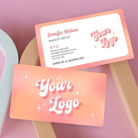 Modern Retro Peach Makeup Artist Beauty Salon Logo graphiclogo #graphicsdesign #logotypedesign. Makeup Artist Cards, Calling Card Design, Makeup Business Cards, Beauty Salon Business Cards, Business Card Stand, Cute Business Cards, Peach Makeup, Salon Logo Design, Makeup Artist Logo