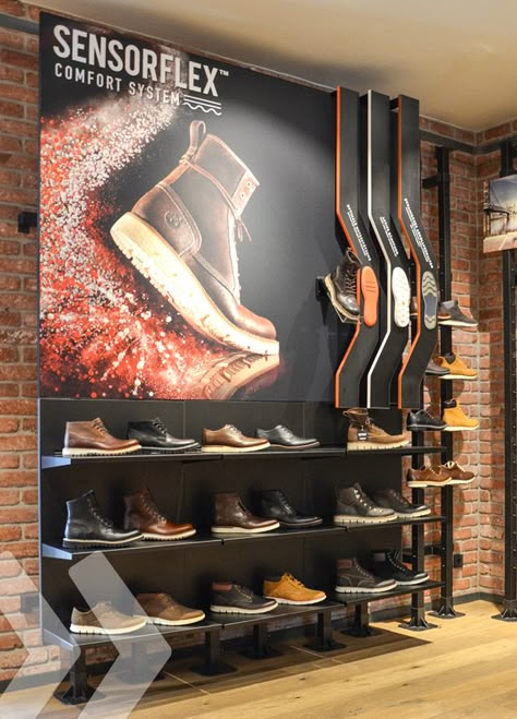 Shoe Store Display, Shoes Store, Shoes Display, Timberland Store, Shoe Store Design, Clothing Store Interior, Retail Store Interior Design, Clothing Store Design, Showroom Interior Design