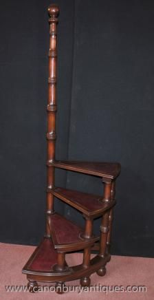 Victorian Library Steps in Mahogany Ladder Step Bookcase Library Steps, Library Chair Ladder, Library Antique, Step Ladder Ideas, Library Stairs Ladder, Brass Library Ladder, Library Step Stool, Library Step Ladder, Spiral Library Step Ladder