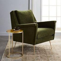 Carlo Mid-Century Chair - Olive Midcentury Chair, Brass Legs, Mid Century Armchair, Plywood Furniture, Mid Century Chair, Metal Chairs, Wood Chair, Leather Chair, West Elm