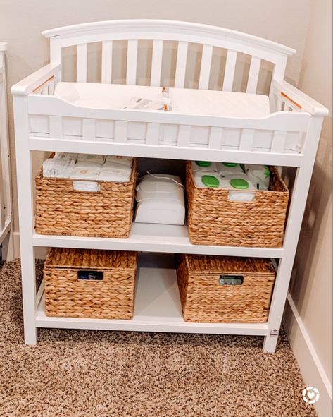 http://liketk.it/3bDd0 #liketkit @liketoknow.it Baby changing table organization #LTKbaby #LTKhome Change Table Set Up, Dresser Changing Table Diy, Changing Table Storage Ideas, Nursery Ideas Changing Table, Nursery With Changing Table, Baby Boy Changing Table, Ikea Changing Table Organization, Simple Changing Table, Diaper Changing Table Organization