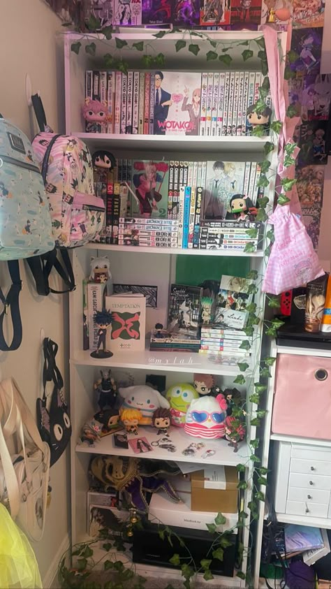 Shelf Decor Maximalist, Manga Shelf Aesthetic, Shelving Manga, Manga Shelf Ideas, Anime Room Aesthetic, Bookcase Aesthetic, Manga Shelves, Casual Apartment, Anime Shelf