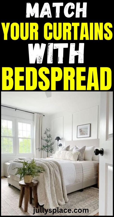 Should Your Curtains Match Your Bedspread? Matching Bedspread And Curtains, Matching Curtains And Bedding Window Treatments, Curtains In Master Bed, Bedspread Ideas Modern, Master Bedspread Ideas, Matching Curtains And Bedding, Bedroom Curtains Master 2 Windows, Curtains Master Bed, Farmhouse Bedroom Curtain Ideas