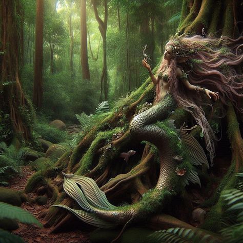 In the heart of the enchanted forest, where sunlight filters through ancient trees, forest fairies weave their magic and mermaids sing their haunting melodies by the hidden lake. 🌿✨🧚‍♀️🧜‍♀️ #MythicalCreatures #ForestFairy #Mermaids #FantasyArt Forest Mermaid, Mystical Fairy Forest, Mystical Mushroom Forest, Mermaid Folklore Art, Bioluminescent Mermaid Art, Ancient Tree, Forest Fairy, Enchanted Forest, Enchanted