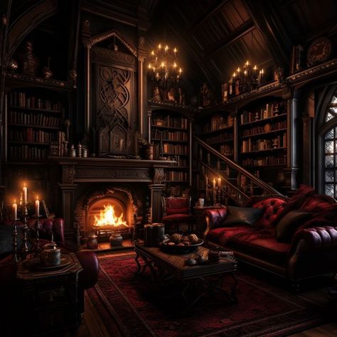 Gothic Rich Aesthetic, Old World Decor Living Room, Hades Castle, Dark Castle Aesthetic Interior, Dark Castle Interior, Library Couch, Family Room Library, Castle Aesthetic Interior, Dark Library