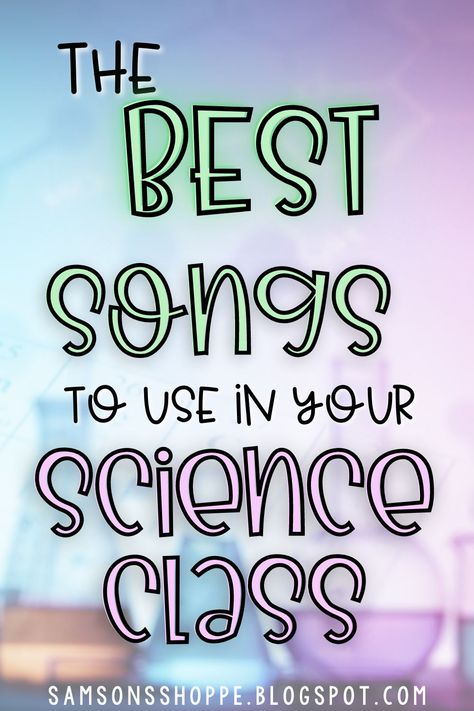 YES! You CAN integrate songs into the middle school science classroom! There are SO many popular songs that can be integrated into your middle school science activities. Check out this list for songs that can be used when teaching the periodic table to kids, when teaching middle school space lessons, physics or the human body systems! A great way to start virtual classroom meetings, for classroom transition ideas or as introduction to a science topic. samsonsshoppe.blogspot.com #samsonsshoppe Cells Middle School Activities, Amplify Science Middle School, Fifth Grade Science Classroom, Middle School Science Decor, Science Teacher Aesthetic Classroom, Middle School Science Anchor Charts, 6th Grade Science Experiments, Science Games Middle School, Science Classroom Theme