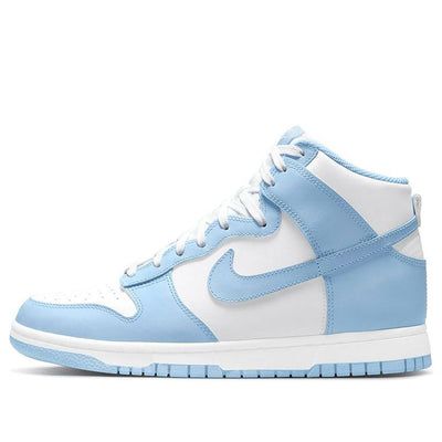 Dressed in a White and Aluminum color scheme. This Nike Dunk High features a White leather base, nylon tongues, and midsole paired with Aluminum Blue – not University Blue – leather and Swoosh overlays. The same light hue continues on the laces, liner, tongue labels, insole, and rubber outsole completes the design. SKU: DD1869-107 Release Date: 30 Sep 2021 Color: White/Aluminum (SNKR/Skate/Women's/Classic/High Top/Wear-resistant) Air Max High Tops, Cute Sneakers For Teens Nike, Preppy Shoes Cheap, Nikes High Top, Cute Heels Short, Nike Shoes Light Blue, Nike Light Blue Shoes, Cute Nike Shoes Dunks, Nike Preppy Shoes