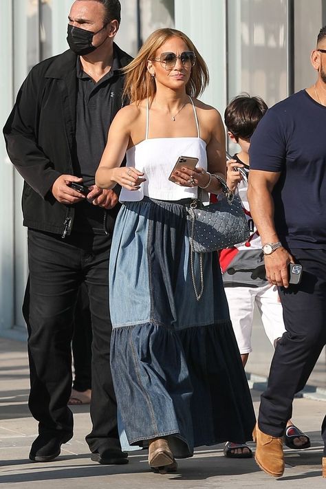 J.Lo Channels Prairie Chic in Breezy Tank & Patchwork Maxi Skirt Patchwork Maxi Skirt, Prairie Chic, Brown Suede Ankle Boots, Maxi Skirt Style, Patchwork Skirt, Denim Maxi Skirt, Ben Affleck, Summer Ready, White Crop Top