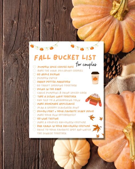 This Fall Bucket List for Couples is perfect for the couple that wants to fully enjoy this crispy cozy season! Snuggle up and enjoy these easy to do (but still incredibly fun!) date ideas. October Checklist For Couples, October Bucket List For Couples, Fall Date Bucket List, Fall To Do List For Couples, Fall Bucket List For Couples, Autumn Couple Activities, Fall Activities For Couples, Fall/halloween Bucket List, Fall Backyard