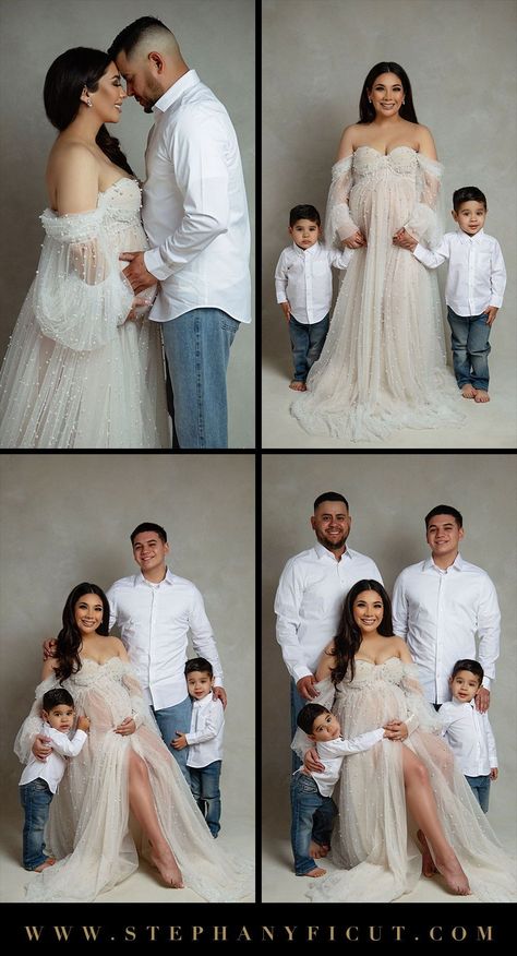 Maternity Shoot With Family Of 4, Maternity Family Outfits, Family Maturity Photoshoot Ideas, Elegant Maternity Shoot With Family, Maternity Photography With Family Of 4, Family Photography Poses Studio, Maternity With Family Photography, Family Maternity Pictures With Siblings Studio, Maternity Shoot Photography