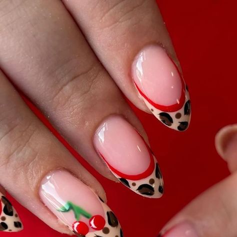 Liverpool Nails and Makeup on Instagram: "Nails to make you feel like THAT GIRL 🐆🍒♥️ never been more obsessed… thanks for always bringing the best nail inspo🥰 @yasminegodfrey  Service- Detailed Nail Art Infill Time ⏱- 1hr 20min Price 💵- £38 Products- @glossifyofficial pink naturabuild, understated, hazelnut, one coat black, pampas, jadore, ivy and glossy top🐆🍒♥️   #nailinspo #rednails #cherrynails #leopardprintnails #leopardprint #nailartinspo #springnails #liverpoolnails #cherrynailart #leopardprintnailart #ladymuckaintree" Liverpool Nails, Pink And Leopard Nails, Red And Leopard Print Nails, Cheetah Print Cherry Nails, Cherry Lepord Nails, Leopard Print Nails With Cherry, Cheetah Nails With Cherries, Black Pampas, Red Leapord Print Nail