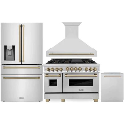 ZLINE Autograph Edition 4-Piece Appliance Package - 48" Dual Fuel Range, 36" Refrigerator with Water Dispenser, Wall Mounted Range Hood, & 24" Tall Tub Dishwasher in Stainless Steel with Champagne Bronze Trim (4AKPR-RARHDWM48-CB) Home Outlet Direct presents the ultimate expression of luxury, ZLINE's Autograph Editi Zline Fridge, Zline Appliances, 48" Range, Zline Autograph Edition, Tahoe Nevada, Large Fridge, Microwave Drawer, Single Wall Oven, Kitchen Appliance Packages