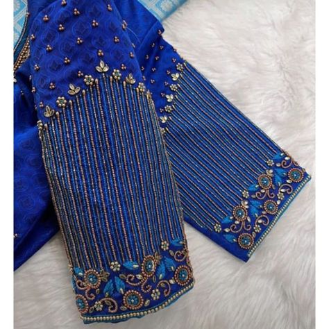 Follow for more design ✨ Blouse Designs Engagement, Aari Blouse Designs Latest Wedding, Aari Blouse Hand Design, Aari Blouse Neck Design, Wedding Aari Work Blouse Designs, Green Maggam Work Blouses Design, Blue Aari Work Blouse, Simple Ariwork Blouse, Simple Blouse Work