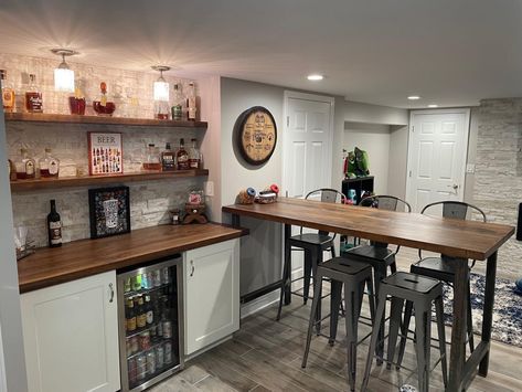 Basement Kitchenette L Shape, Basement Bar Corner, Convert Dining Room To Bar, L Shape Basement Layout, Basement L Shaped Bar Ideas, Basement Small Bar Ideas, Wet Coffee Bar, Basement Bar Designs Layout, Bonus Room Bar