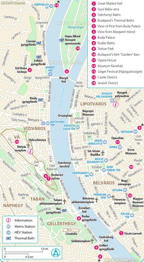 Budapest maps - Top tourist attractions - Free, printable city street map - MapaPlan.com Budapest Attractions Map, Budapest Tourist Map, Map Of Budapest, Budapest Walking Tour Map, Things To Do In Hungary, Budapest Map, Prague Tourist Map, Budapest Guide, Budapest Christmas