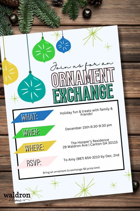 Celebrate friendship and family at a holiday ornament exchange! This digital Christmas Party invitation features bright colors and a nostalgic, retro Christmas party invitation design. It is a great Christmas flyer for a neighborhood party, too! Easy to edit using Canva (no software download needed) and can be saved to send as an evite OR downloaded and printed as an invitation. 💌 Retro Christmas Party, Ornament Exchange Party, Party Invitation Design, Neighborhood Party, Christmas Party Ideas, Christmas Flyer, Ornament Exchange, Party Invite Design, Christmas Party Invitation