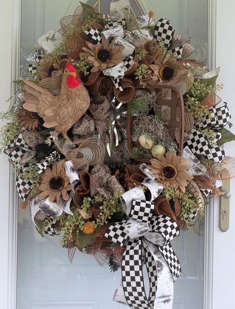 Chicken Wreath, Rooster Wreath, Unique Wreaths, Thanksgiving Bow, Burlap Mesh Wreath, Door Bow, Mailbox Bow, Basket Wreath, Straw Wreath