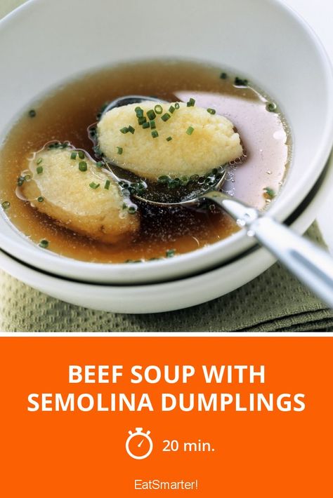 Beef Soup with Semolina Dumplings - quick recipe - simple dish - A recipe idea by EAT SMARTER | Grain, Dumpling, Gnocchi, Soup #broth #recipes Soup Broth Recipes, Semolina Dumplings, Flour Dumplings, Gnocchi Soup, Dumplings Recipe, Soup Broth, Recipe Simple, Beef Bones, Broth Recipes