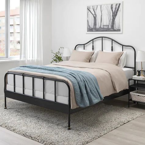 Sagstua Bed, Bed Frame Legs, Bed Frame Black, Japanese Bed, Iron Bed Frame, Curved Headboard, Ikea Bed, Iron Bed, Comfort Mattress