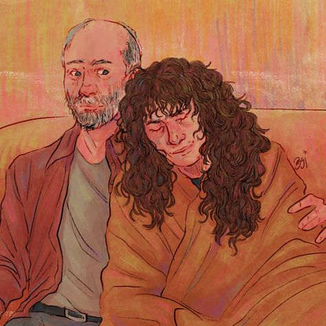 id : a digital painting in warm colors of eddie and wayne on a reddish couch. eddie is wrapped in an orange blanket and leaning... Wayne Munson, Eddie Edward, Brother Presents, Orange Blanket, Stranger Things Quote, Art Jokes, Stranger Things Art, Eddie Munson, Stranger Things Aesthetic