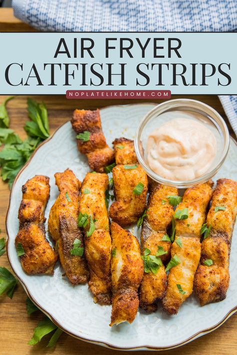 This delicious southern Air Fryer Cajun Catfish Strips recipe is made with simple ingredients and is seasoned with Cajun flavor without many of th efat and calories from frying. It has a crispy crust and tender center. It's coated in just a bit of oil and is ready in 15 minutes for a quick weeknight fish main dish or appetizer. Recipe includes a hot tarter sauce for dipping. This fish recipe is low-carb, Keto friendly and gluten-free as well! Click on the link to get this tasty recipe! Air Fryer Catfish, Low Carb Cajun, Catfish Recipes, Healthy Dinner Options, Easy Recipes For Beginners, Easy Air Fryer, Italian Recipes Authentic, Dinner Inspiration, Dinner Appetizers