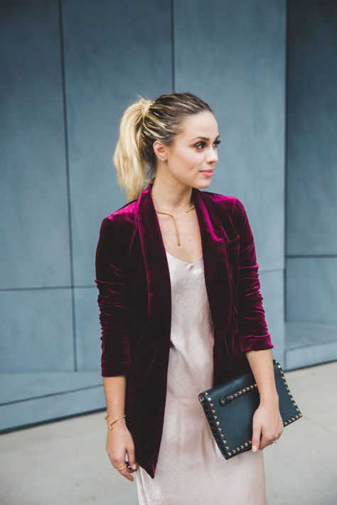 Lauren Conrad Runway Collection | Velvet Blazer | Silk Dress | Uptown with Elly Brown Pink Velvet Jacket Outfit, Shabbat Outfit, Velvet Jacket Outfit, Velvet Blazer Outfit, Red Velvet Blazer, Casual Outfits For Moms, Fashion And Beauty Tips, Velvet Blazer, Money Aesthetic