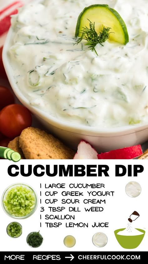 Cucumber Cottage Cheese Dip, Cucumber Dip Recipe Sour Cream, Cucumber Dill Dip, Greek Dips, Appetizer Dips Cold, Tzatziki Sauce Recipe Easy, Assyrian Food, Cucumber Dip Recipe, Cream Cheese Spread Recipes