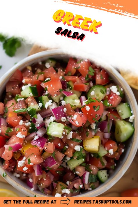 Experience the fusion of Greek and Mexican cuisines with our Greek Salsa recipe! Fresh cucumbers, ripe tomatoes, and bold olives join forces with zingy citrus juice, creating a tantalizing concoction that's perfect for dipping or topping your favorite dishes. Explore more of these unique, healthy, and mouth-watering Mediterranean flavors on our Pinterest board. Indulge your tastes and submerge yourself in a world of vibrant, fresh foods that bring a new twist to your traditional salsa Greek Salsa Recipe, Salsa Recipe Fresh, Greek Salsa, Mediterranean Flavors, Citrus Juice, Fresh Oregano, Ripe Tomatoes, Roma Tomatoes, Salsa Recipe