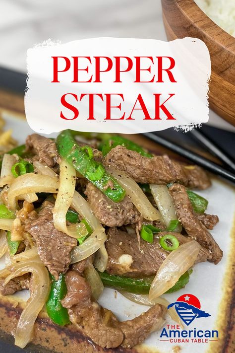 Tender strips of stir-fried beef and peppers are blended together in a savory soy, ginger and garlic sauce. Serve over a bed of white rice or with Cuban fried rice. #peppersteak #stirfry #beefstirfry Pepper Steak Recipe Pepper Steak Recipe Easy, Authentic Pepper Steak Recipe, Pepper Steak Recipe With Noodles, Peper Steak Recipe Easy, Pepper Steak Recipe Easy Gravy, How To Make Pepper Steak, Chinese Pepper Steak With Onions, Chinese Pepper Steak With Onions Recipe, Green Pepper Steak Recipe