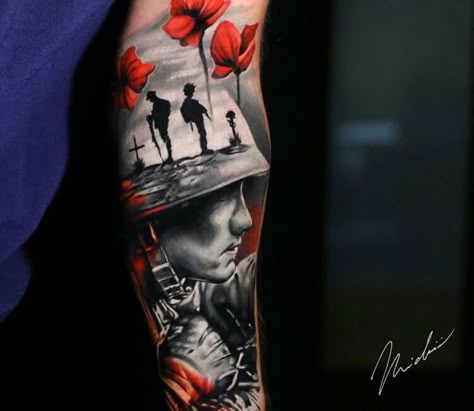 Tattoo photo - Army piece, tattoo by Michael Cloutier Remembrance Day Tattoos, British Army Tattoo, Poppy Tattoo Men, Anzac Tattoo, Soldier Tattoo Design, Rememberance Tattoo, Lest We Forget Tattoo, Fallen Soldier Tattoo, Military Sleeve Tattoo