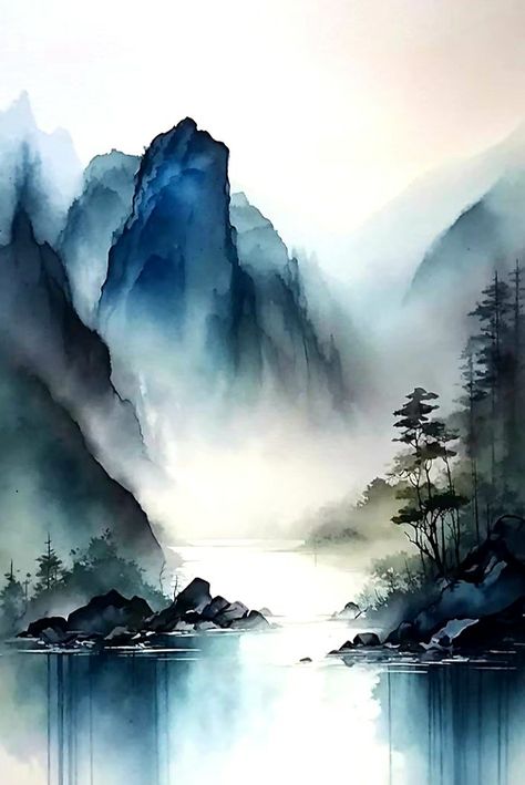 Nature Oil Painting Landscapes, Landscape Art Ideas, Naturalism Art, Gift Painting Ideas, Art For Love, Blue Art Painting, Mountains Watercolor, Zen Home, Mountains Painting