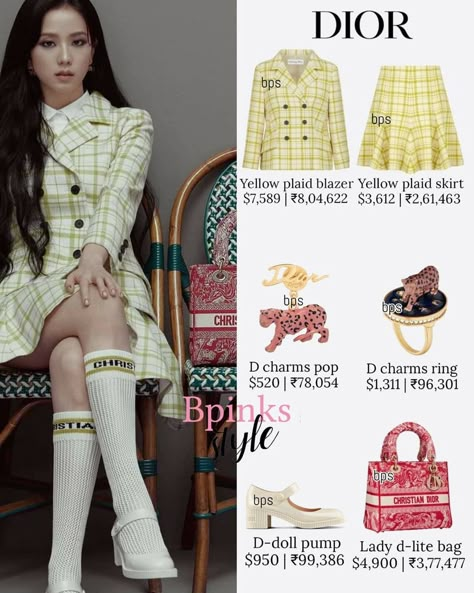 Jisoo Dior Outfit, Outfits Expensive, Outfit Blackpink, Dior Outfit, Yellow Plaid Skirt, Blackpink Outfit, Outfit Korean, Clueless Outfits, Fashion Idol