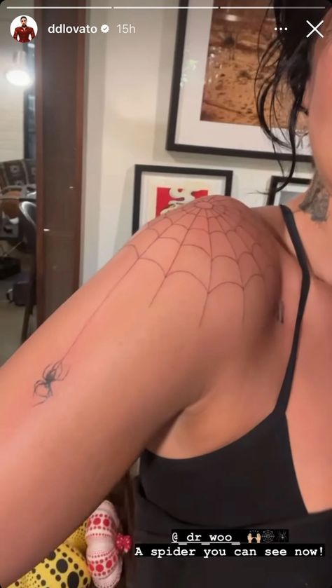 Spiderweb Shoulder Tattoo, Demi Lovato Tattoos, Arm Sleeve Tattoos For Women, Spider Web Tattoo, Web Tattoo, Black Girls With Tattoos, Back Of Shoulder Tattoo, Spider Tattoo, Deeper Meaning