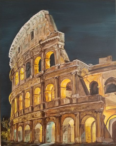 Colloseum Painting, Coliseum Painting, Architecture Painting Acrylic, Places And Spaces Gcse Art, Colosseum Drawing, Colosseum Art, Building Paintings, Architectural Painting, Rome Painting