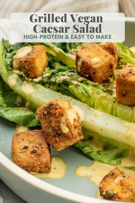 This Grilled Vegan Caesar Salad is crisp, savory and topped with crispy tofu croutons for an added hit of protein. Top with the flavorful creamy Caesar dressing and use to impress at your next summer gathering. Tofu Ceasar Salad, Tofu Caesar Salad, Vegan Ceasar Salad Recipes, Vegan Ceasar Salad, Tofu Croutons, Grilled Vegan, Vegan Salad Bowl, Grilled Romaine Lettuce, Creamy Caesar Dressing