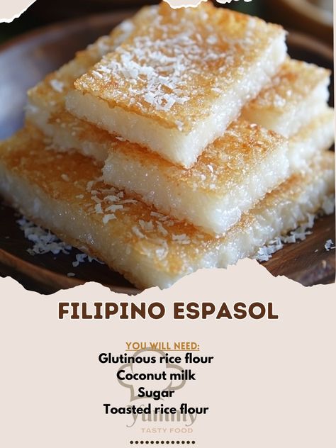 🌸 Satisfy your sweet cravings with Filipino Espasol—a chewy rice cake treat that’s perfect for any occasion! 🍚✨ #Espasol #FilipinoDesserts Filipino Espasol Ingredients: Glutinous rice flour (2 cups) Coconut milk (2 cups) Sugar (1 cup) Toasted rice flour (1/2 cup, for coating) Instructions: In a pan, toast the glutinous rice flour over low heat until light brown. Set aside. In another pan, combine coconut milk and sugar. Cook over medium heat until the sugar dissolves. Gradually add the to... Glutinous Rice Flour Recipes Sweets, Glutinous Rice Flour Recipes, Rice Cake Snacks, Rice Flour Recipes, Toasted Rice, Asian Recipe, Milk And Sugar, Glutinous Rice Flour, Filipino Desserts