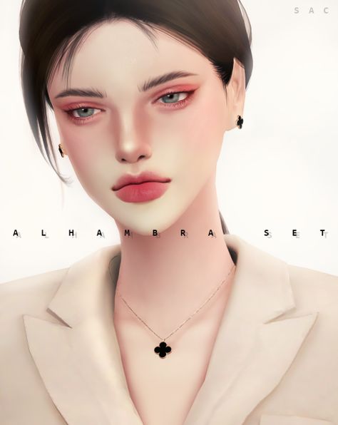 SAC_alhambra_earrings + SAC_alhambra_necklace Sims 4 Face Jewelry Cc, Sims 4 Van Cleef Cc, Van Cleef Sims 4, Sweet Alhambra Necklace, Sims4 Skin, Sims 4 Female Necklace, Van Cleef Necklace, The Sims 4 Skin, Sims 4 Clutter