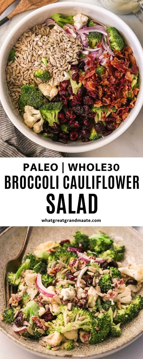 This easy and creamy broccoli cauliflower salad is loaded with flavors and crunch, and happens to be dairy free, paleo, and Whole30! Whole 30 Broccoli Salad, Deli Salads, Salad Recipes Gluten Free, Broccoli Cauliflower Salad, Daniel Plan, Whole30 Dinner Recipes, Nourishing Food, Clean Eating Salads, Inflammatory Recipes