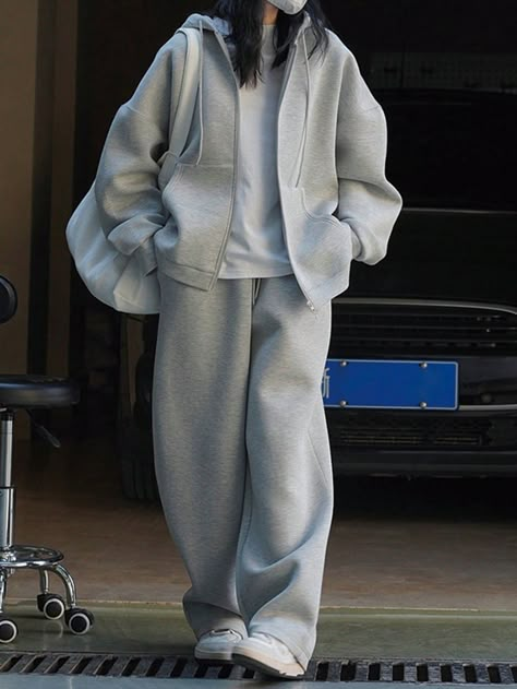 2pcs Women Casual Solid Color Drawstring Hoodie Sweatshirt And Sweatpants Set, Autumn/Winter Grey Casual  Wrist-Length Sleeve Polyester,Knitted Fabric Plain  Slight Stretch  Women Clothing, size features are:Bust: ,Length: ,Sleeve Length: Casual Tomboy Outfits, Workout Aesthetics, Elegant Streetwear, Oversized Zip Up Hoodie, Cold Time, Sweats Outfit, Outfit Oversize, Kang Ha Neul, Sweat Suit