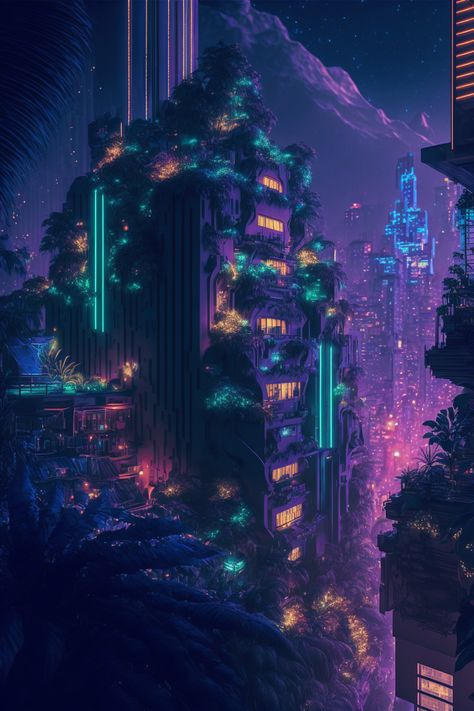 Lunarpunk City, Lunar Punk Aesthetic, Alien Planet Aesthetic, Cyberpunk Planet, Futuristic City Aesthetic, Lunarpunk Aesthetic, Futuristic Jungle, Lunar Punk, Scifi City