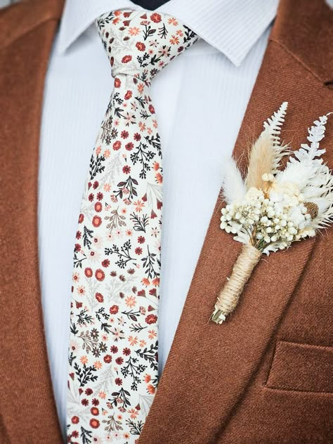 Terracotta Floral Tie, Orange And Cream Wedding, Groom And Groomsmen Suits, Wedding Guest Outfit Fall, Burnt Orange Weddings, Groom Wedding Attire, Fall Wedding Guest, Wedding Tie, Wedding Themes Fall