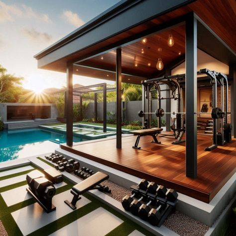 Create a backyard fitness haven with a custom gym and pool. Get inspired by these beautiful designs. #CustomGym #OutdoorWorkouts #PoolParty #SwimmingPool #PoolTime Home Gym Design Luxury, Pool Planters, Outdoor Home Gym, Planter Beds, Gym Room At Home, Home Gym Design, Deck With Pergola, Gym Room, Outdoor Gym