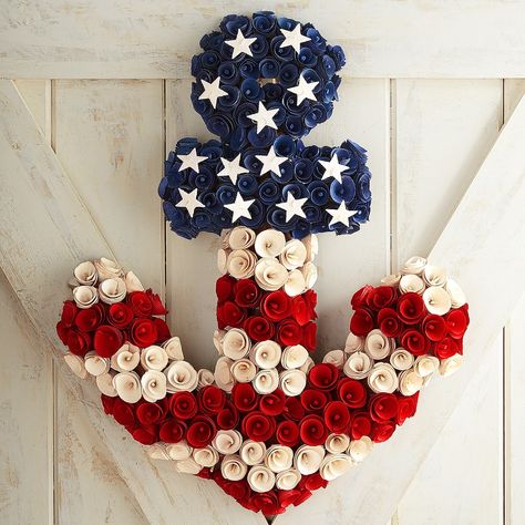 Patriotic Wood Curl Anchor Wreath Anchor Wreath, Red White Blue Decorations, Hanging Centerpiece, Patriotic Crafts, Blue Wreath, Dollar Tree Diy Crafts, Hanging Wreath, Wreath Decoration, 4th Of July Decorations