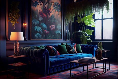 Jewel Living Room, Morning Room Ideas, Eccentric Living Room, Blue Living Room Color, Purple Interior Design, Jewel Tone Decor, Dark Academia Room, Academia Room, Teal Interiors