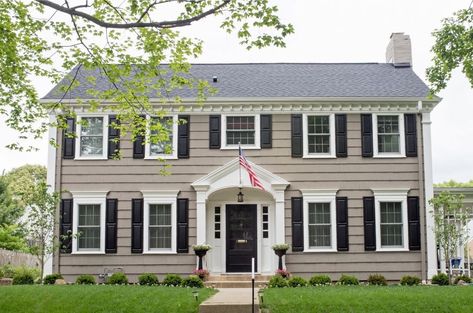 Brown House Black Shutters, Best Shutter Colors, House Shutter Colors, Brick Colonial House, Exterior House Painting, Tan House, Colorful Homes, Colonial House Exteriors, Shutter Colors